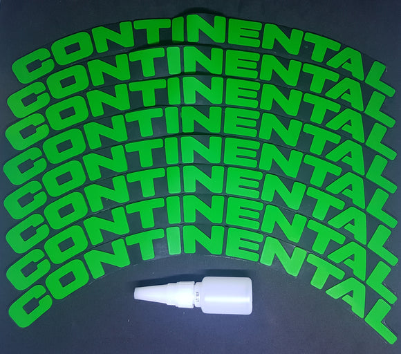 Green CONTINENTAL Tyre Stickers - Full Car Set (8 Stickers - 2 Per Tyre)